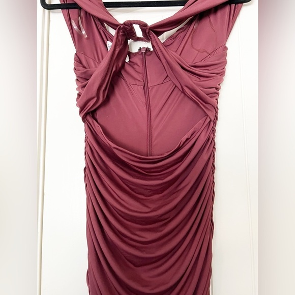 House of CB London Tiggy Wine Off Shoulder Ruched Front Bardot Dress - Picture 8 of 12